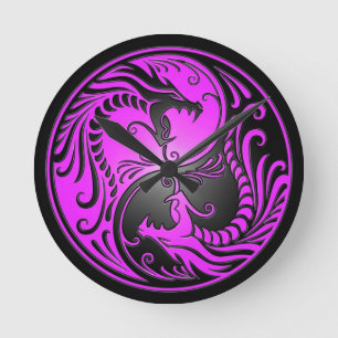 Horloge Ronde Dragons, pourpre et noir de Yin Yang