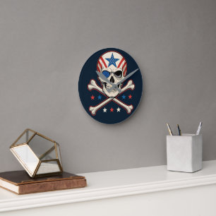 Horloge Ronde Drapeau américain Patriotique Skull and Crossbones