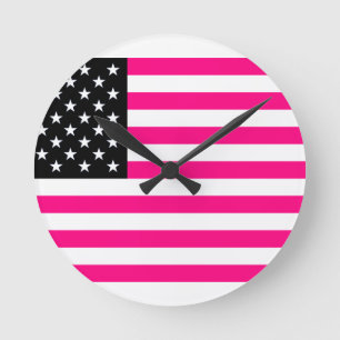 Horloge Ronde drapeau américain rose