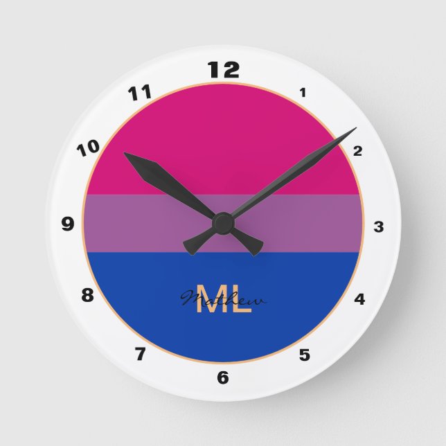 Horloge Ronde Drapeau bisexuel & communauté de fierté / monogram (Recto)