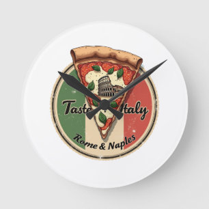 Horloge Ronde Drapeau italien avec Vintage Rome & Naples Pizza