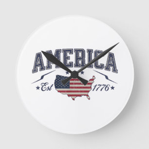 Horloge Ronde Drapeau patriotique américain USA Est 1776 4 juill