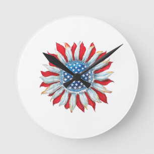 Horloge Ronde Drapeau Tournesol Américain 4 juillet Femmes Homme