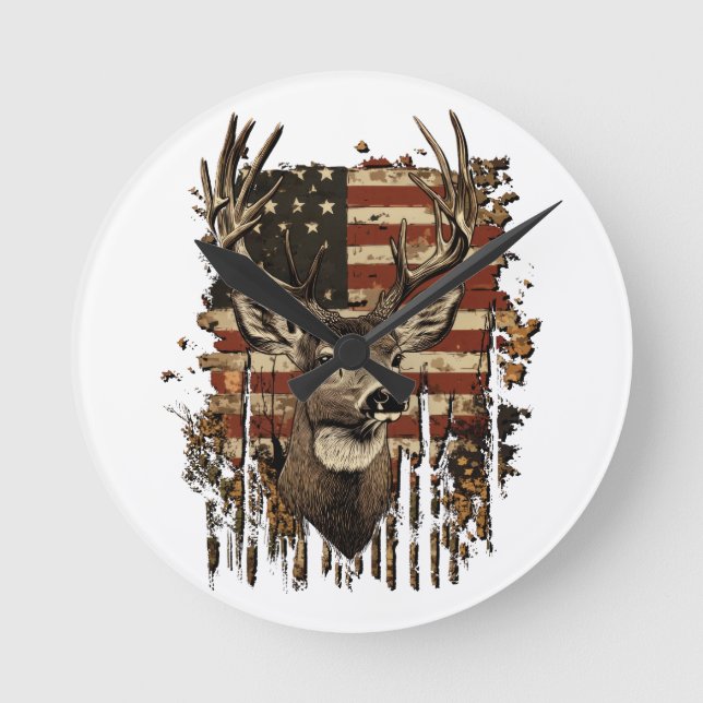 Horloge Ronde Drapeau USA Saison Cerf, Buck (Recto)