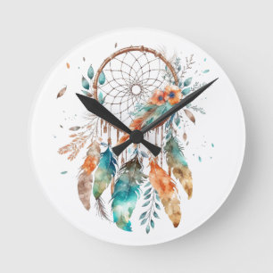 Horloge Ronde Dreamcatcher en aquarelle en plumes turquoises