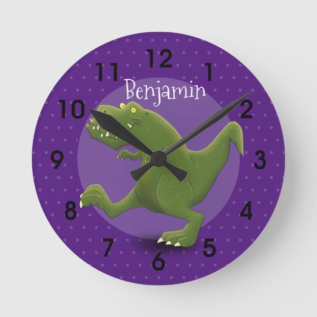 Horloge Ronde Drôle dessin animé de dinosaure t rex vert (Recto)