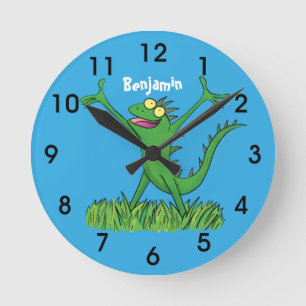 Horloge Ronde Drôle vert souriant animé lézard d'iguane