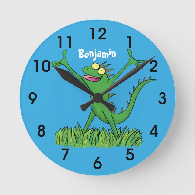 Horloge Ronde Drôle vert souriant animé lézard d'iguane (Recto)