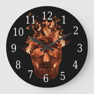 Horloge ronde du crâne flamboyant orange