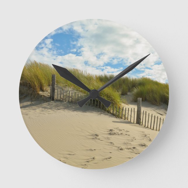 Horloge Ronde Dunes de sable avec clôture en bois (Recto)