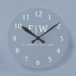 Horloge Ronde Dusty Blue minimaliste moderne Monogramme élégant<br><div class="desc">Découvrez notre Dusty Blue Minimalist Modern Monogram Elegant Collection : Elevez votre style avec une sophistication sobre et un charme intemporel. Notre collection présente des motifs minimalistes dans une teinte bleu roux apaisante, rehaussée d'élégants monogrammes adaptés à votre goût personnel. De la papeterie raffinée aux accessoires polyvalents, chaque pièce de...</div>