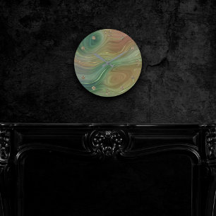 Horloge Ronde Earthy Emerald Strata   Agate d'encre verte et dor