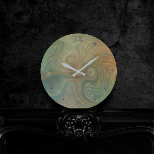 Horloge Ronde Earthy Olive Strata   Agate d'encre verte et dorée