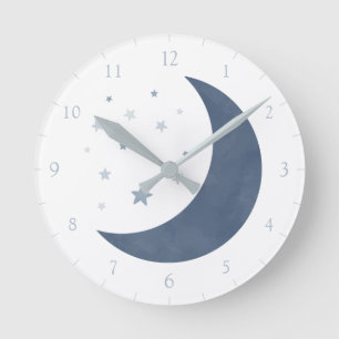 Horloge Ronde Eau de lune et étoiles bleu marine aquarelle