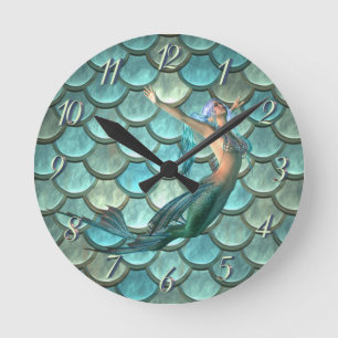 Horloge Ronde Écailles de queue de sirène sur sirène