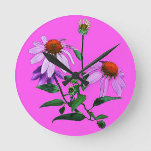 Horloge Ronde Échinacée Pourpre Sur Fond Rose