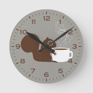 Horloge Ronde Écureuil avec café Cute Bois Animal