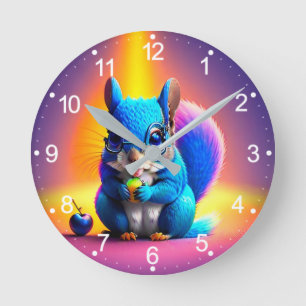 Horloge Ronde Écureuil Bleu Mangeant Un Fruit