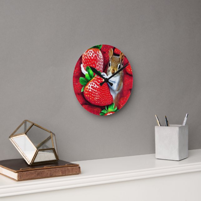 Horloge Ronde Écureuil dans le ciel des fraises (Bureau)