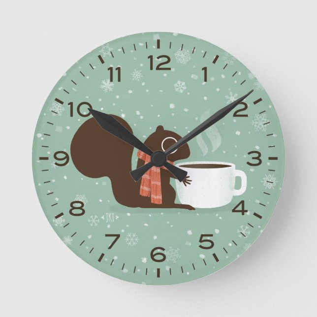 Horloge Ronde Écureuil d'hiver avec café mou Bois animal (Recto)