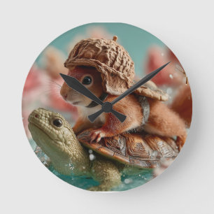 Horloge Ronde Écureuil géant chevauchant une tortue
