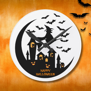 Horloge Ronde Éffrayant chauves-souris et sorcière Halloween sur