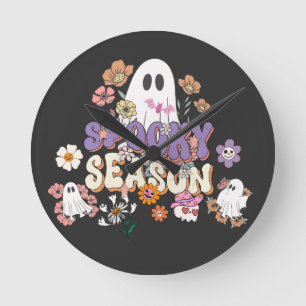 Horloge Ronde Éffrayant mignon fantôme avec fleurs HalloweenHorl