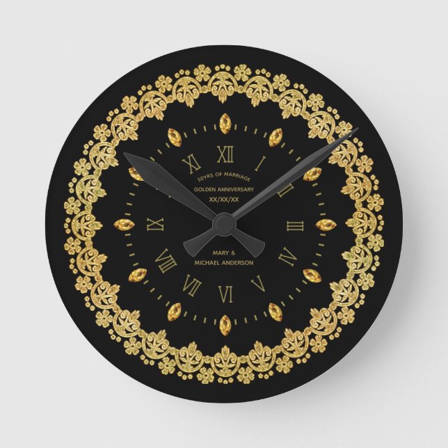 Horloge Ronde Élégant 50e Anniversaire d'or noir personnalisé (Recto)
