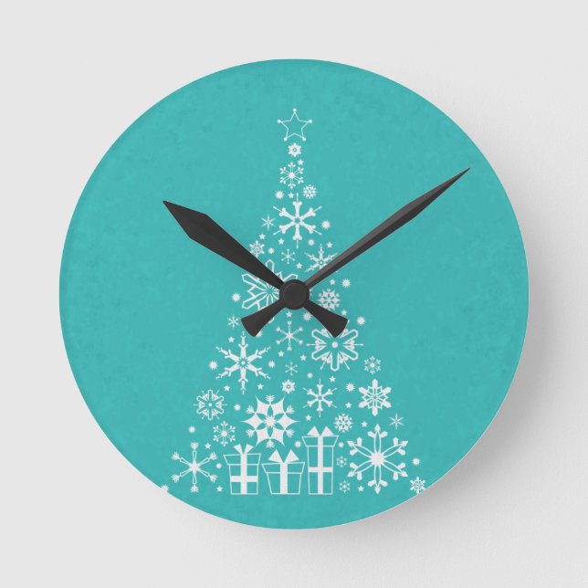 Horloge Ronde élégant arbre de Noël blanc et turquoise (Recto)