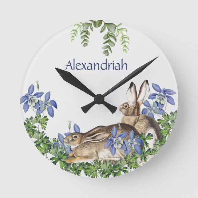 Horloge Ronde Elégant bleu Floral Rabbit Aquarelle Mignonne Lapi (Recto)