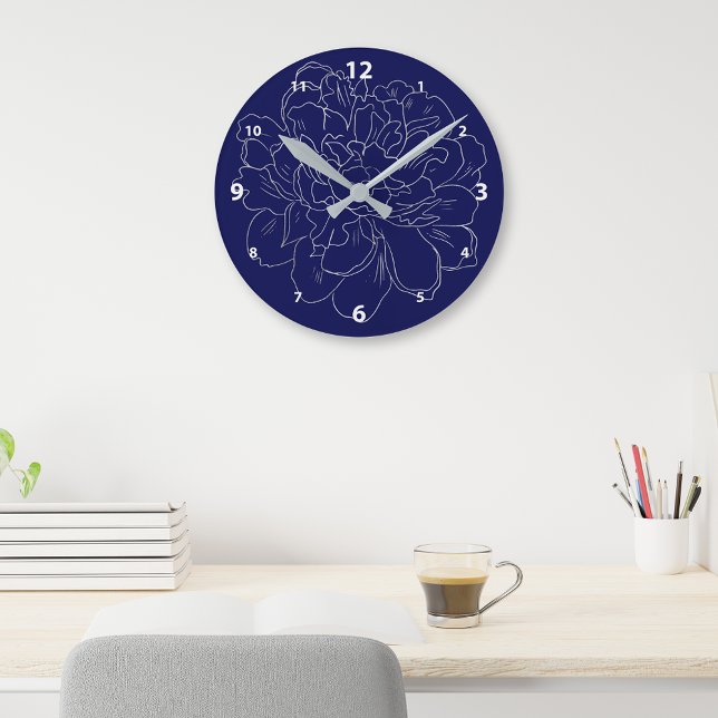 Horloge Ronde Elégant bleu marine Silver Floral (Créateur téléchargé)