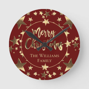 Horloge Ronde Elegant Burgundy Red Gold Stars Merry Christmas