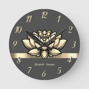 Horloge Ronde Élégant Chic Lotus Doré, Yoga  