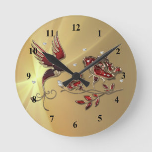 Horloge Ronde Élégant colibri rouge floral