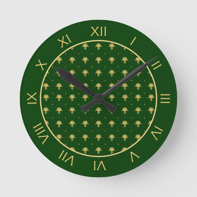 Horloge Ronde Élégant Damas vert et or (Recto)
