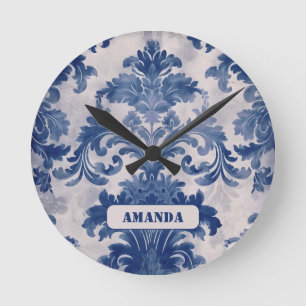 Horloge Ronde Élégant damassé Bleu toile de jouy monogramme