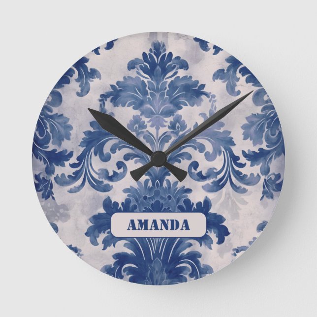 Horloge Ronde Élégant damassé Bleu toile de jouy monogramme (Recto)