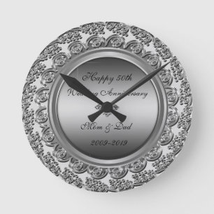 Horloge Ronde Élégant Diamant Argent 50e Anniversaire de Mariage