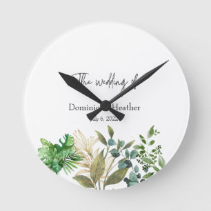 Horloge Ronde Élégant Faire-part de mariage de feuille botanique