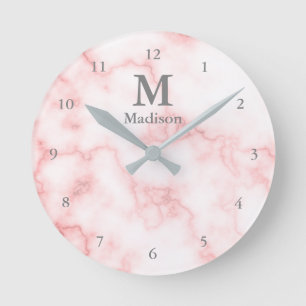 Horloge Ronde Elegant Faux Pink Marble Gray Name & Monogram