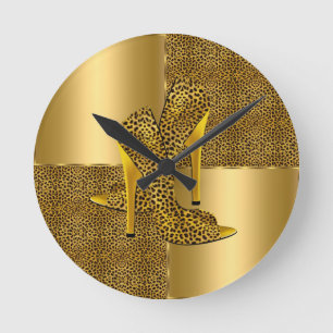 Horloge Ronde Elegant Gold Leopard High Heel Shoes Animal