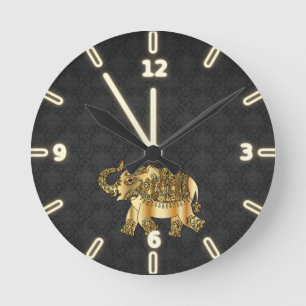 Horloge Ronde Elegant Gold Paisley Elephant, Black Damask