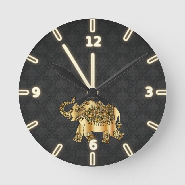 Horloge Ronde Elegant Gold Paisley Elephant, Black Damask (Recto)