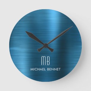 Horloge Ronde Élégant Monogramme Brossé Métallique Bleu