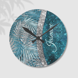 Horloge Ronde Élégant monogramme de feuilles de parties scintill