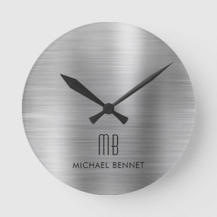 Horloge Ronde Élégant Monogramme Gris Argent Brossé Métallique