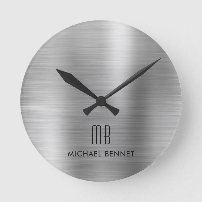 Horloge Ronde Élégant Monogramme Gris Argent Brossé Métallique (Recto)