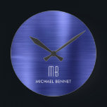 Horloge Ronde Élégant Monogramme Marine Bleu Brossé Métal<br><div class="desc">Elégant Monogramme Personnalisé Marine Bleu Brossé Horloge Ronde.</div>