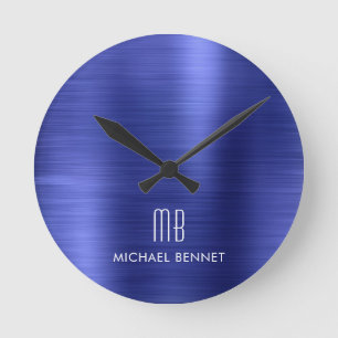 Horloge Ronde Élégant Monogramme Marine Bleu Brossé Métal
