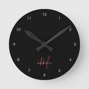 Horloge Ronde Élégant Monogramme moderne noir rouge